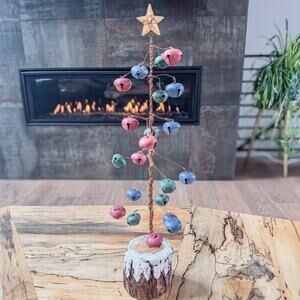 Primitive Rustic Country Christmas w Wire Trunk/Branches and Colorful Bells-22”H